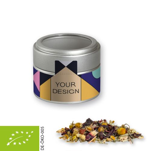 Bio Kräutertee Vierjahreszeiten, ca. 15g, Metalldose Mini mit Sichtfenster silber