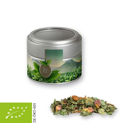 Bio Kräutertee Glücksgefühle, ca. 25g, Metalldose Mini mit Sichtfenster silber