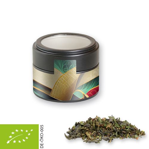 Bio Grüner Tee mit Minze, ca. 18g, Metalldose Mini mit Sichtfenster schwarz