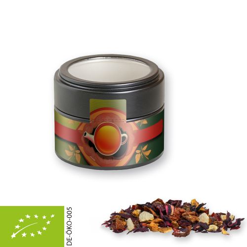 Bio Früchtetee gute Laune, ca. 30g, Metalldose Mini mit Sichtfenster schwarz