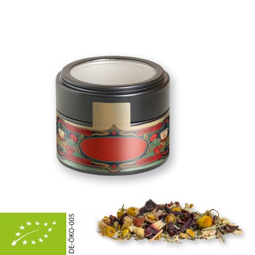 Bio Kräutertee Vierjahreszeiten, ca. 15g, Metalldose Mini mit Sichtfenster schwarz