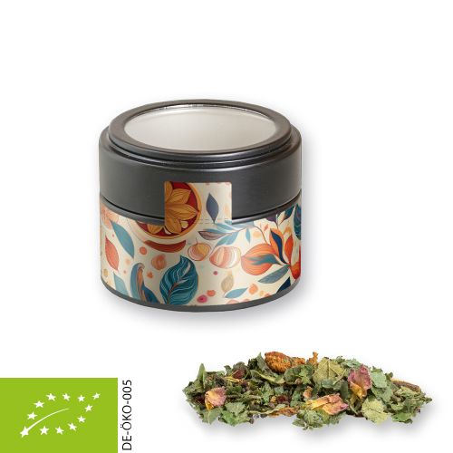 Bio Kräutertee Glücksgefühle, ca. 25g, Metalldose Mini mit Sichtfenster schwarz