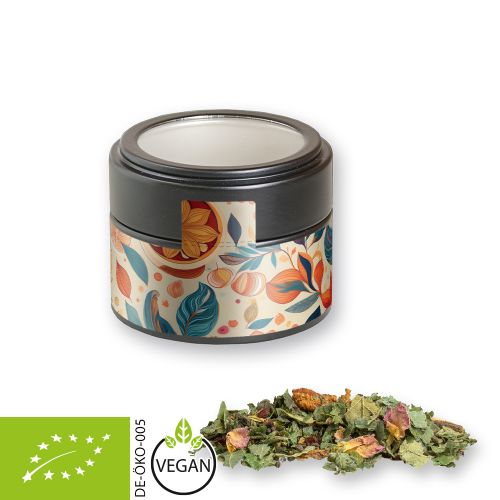 Bio Kräutertee Glücksgefühle, ca. 25g, Metalldose Mini mit Sichtfenster schwarz