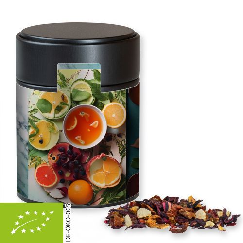 Bio Früchtetee gute Laune, ca. 60g, Metalldose Midi schwarz