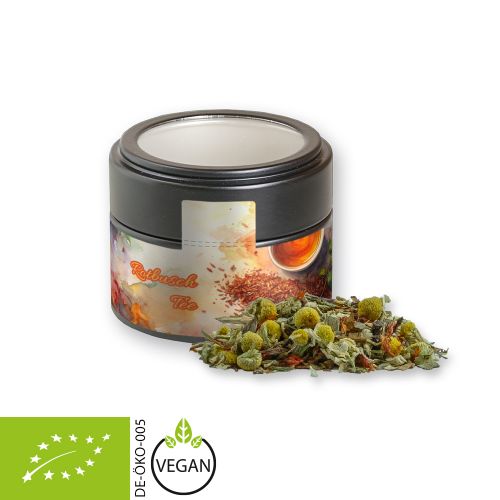 Bio Rotbuschtee Entspannungszeit, ca. 25g, Metalldose Mini mit Sichtfenster schwarz