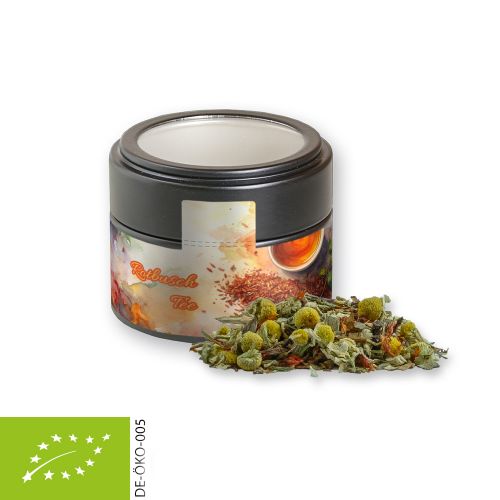 Bio Rotbuschtee Entspannungszeit, ca. 25g, Metalldose Mini mit Sichtfenster schwarz