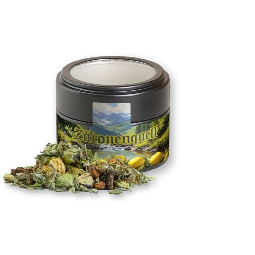 Kräutertee Bergtee & Zitrus, ca. 20g, Metalldose Mini mit Sichtfenster schwarz