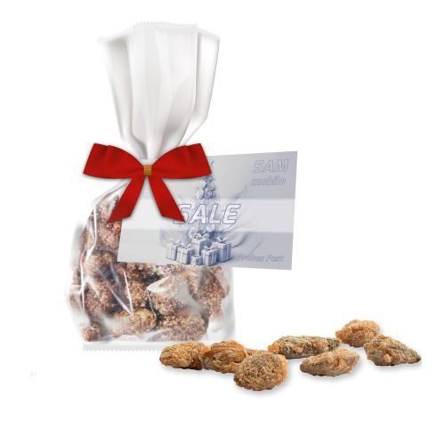 Feuergebrannte Mandeln ohne Zuckerzusatz (vegan), ca. 30g, Express Flachbeutel mit Schleife mit Werbekarte