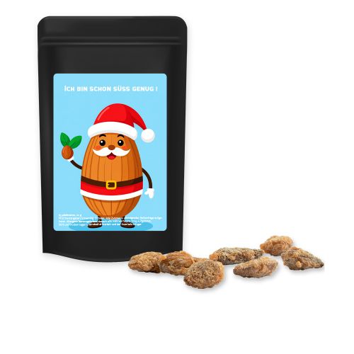 Feuergebrannte Mandeln ohne Zuckerzusatz (vegan), ca. 30g, Standbeutel Mini schwarz