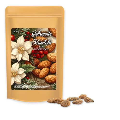 Feuergebrannte Mandeln ohne Zuckerzusatz (vegan), ca. 500g, Standbeutel Maxi