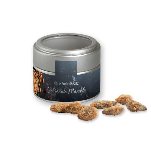 Feuergebrannte Mandeln ohne Zuckerzusatz (vegan), ca. 60g, Metalldose Mini mit Sichtfenster silber