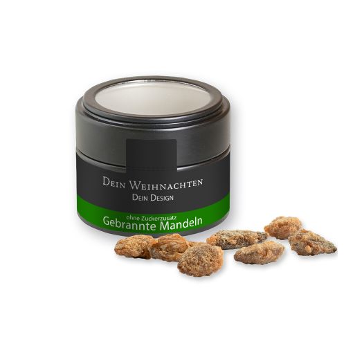 Feuergebrannte Mandeln ohne Zuckerzusatz (vegan), ca. 60g, Metalldose Mini mit Sichtfenster schwarz