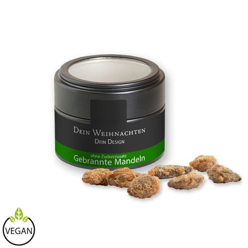 Feuergebrannte Mandeln ohne Zuckerzusatz, ca. 60g, Metalldose Mini mit Sichtfenster schwarz